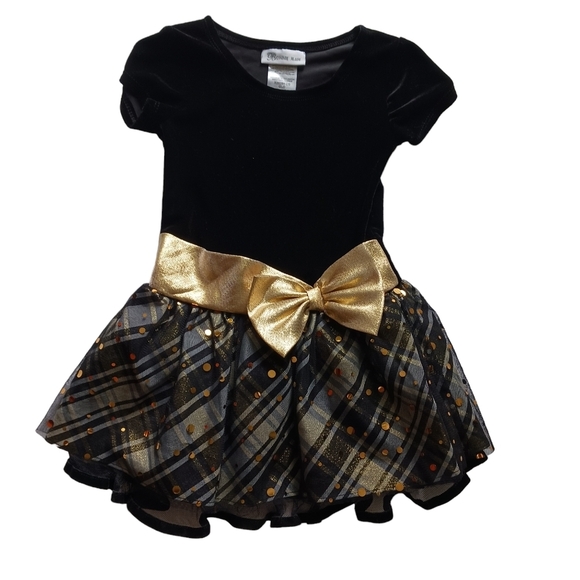 Size 4 Bonnie Jean Black Velour Dress Gold Bow Sheer Ruffled Polka Dot Festive - Picture 1 of 6